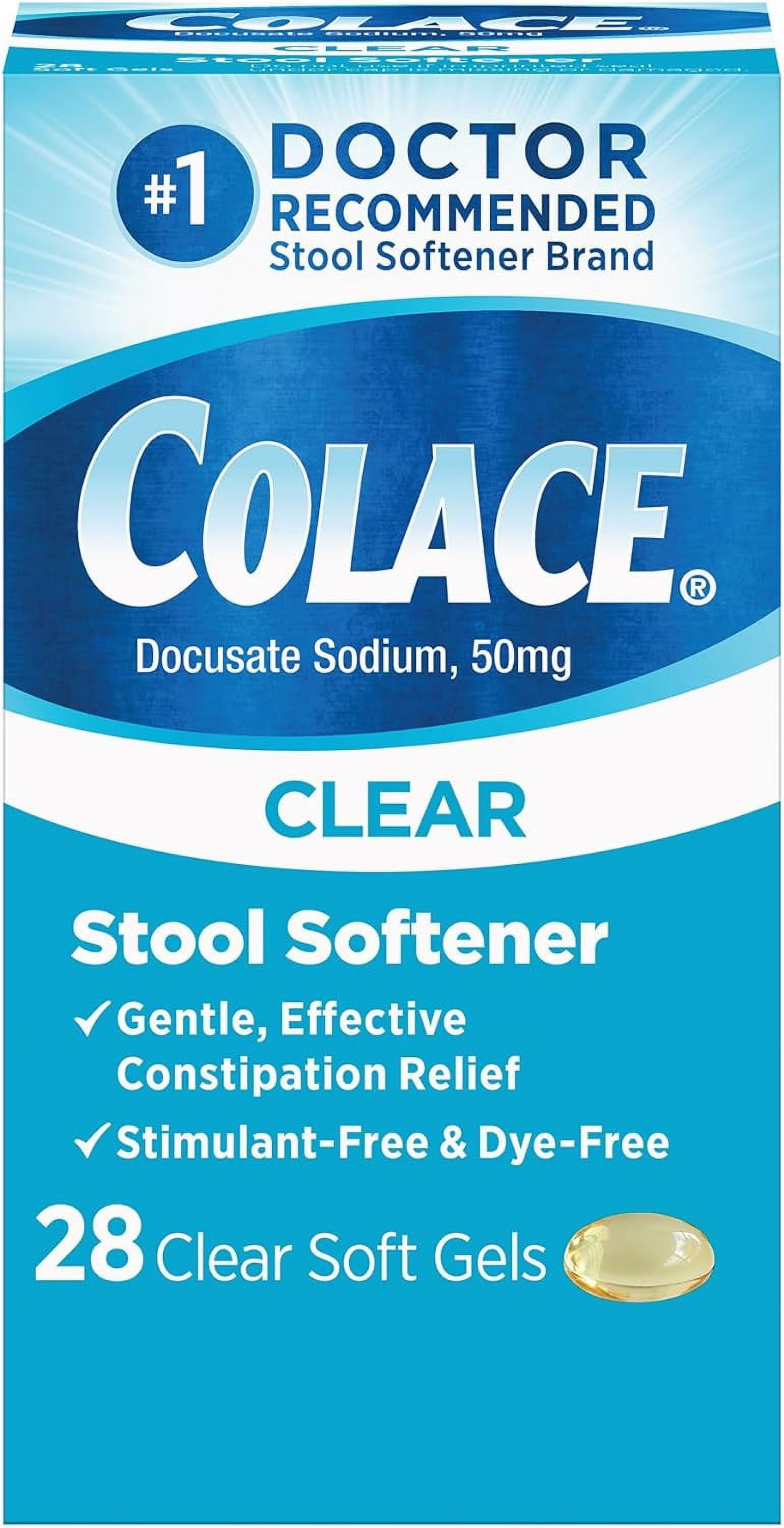 Colace Clear Stool Softener Soft Gel Capsules Constipation Relief 50mg Docusate Sodium, 28 Ct