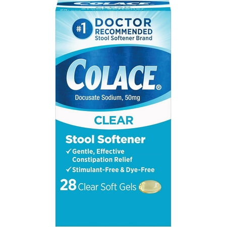 Colace Clear Stool Softener Soft Gel Capsules Constipation Relief 50mg Docusate Sodium, 28 Ct