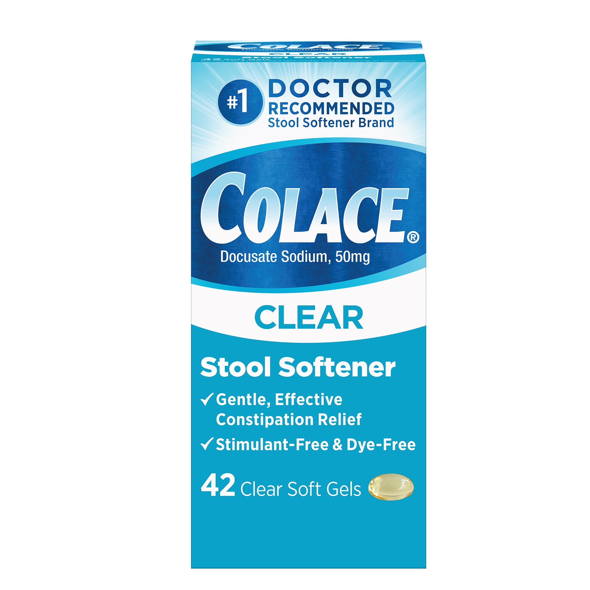 Colace Clear Stool Softener Soft Gel Capsules Constipation Relief 50mg Docusate Sodium Doctor Recommended 42ct