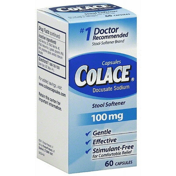 Colace Docusate Sodium Gentle Effective Stool Softener 100Mg, 60Ct, 5-Pack