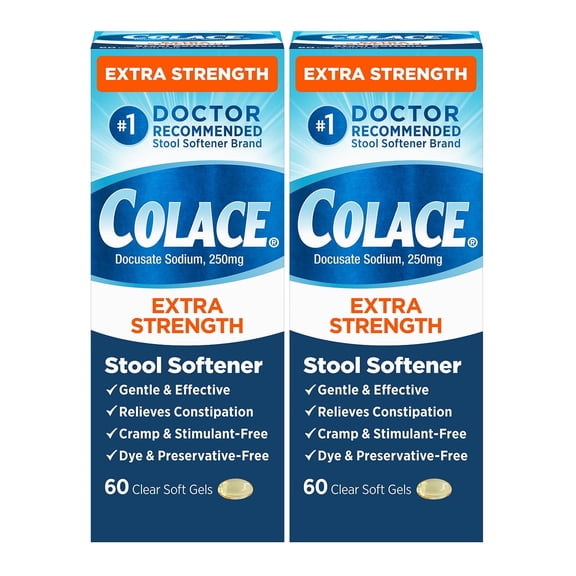 Colace Extra Strength Stool Softener for Gentle Effective Constipation Relief, #1 Doctor Recommended Stool Softener Brand, 250 mg Docusate Capsules, 60 Count (Pack of 2)