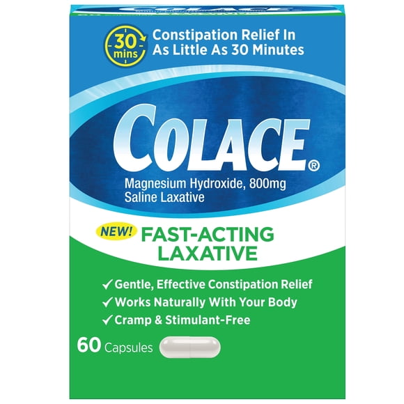 Colace Saline Laxative 60 Capsules Fast Acting Constipation Relief for Adults, Gentle Magnesium Hydroxide Formula, Non-Stimulant Laxative, Severe Constipation Relief