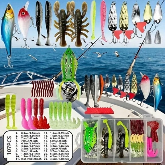 Colacoor Fishing Lures,Tackle Box with Crankbaits, Spoon, Hooks, Weights & Other Accessories, Fishing Bait Lure Gear Kit Gift for Men 107Pcs