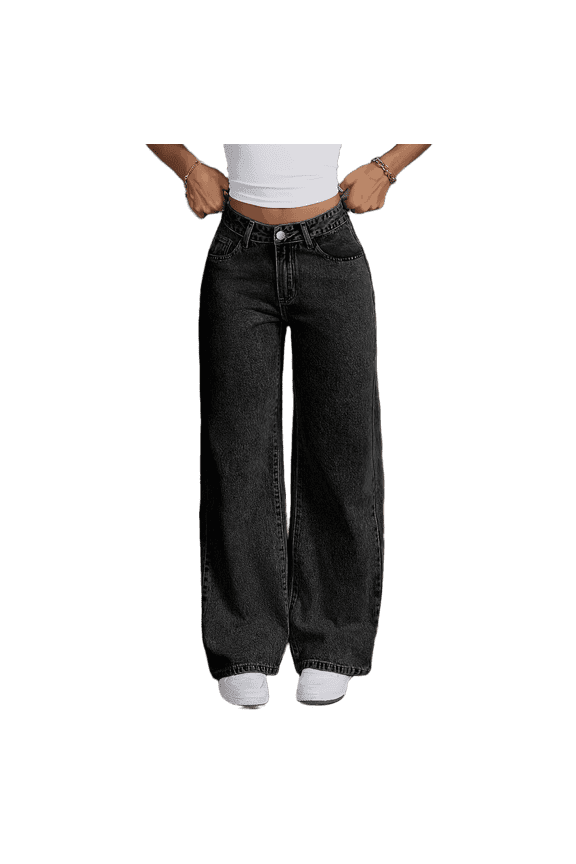 Straight Leg Jeans for Women High Waisted Stretchy Frayed Raw Hem Loose Denim Pants Casual Baggy Jean Trousers