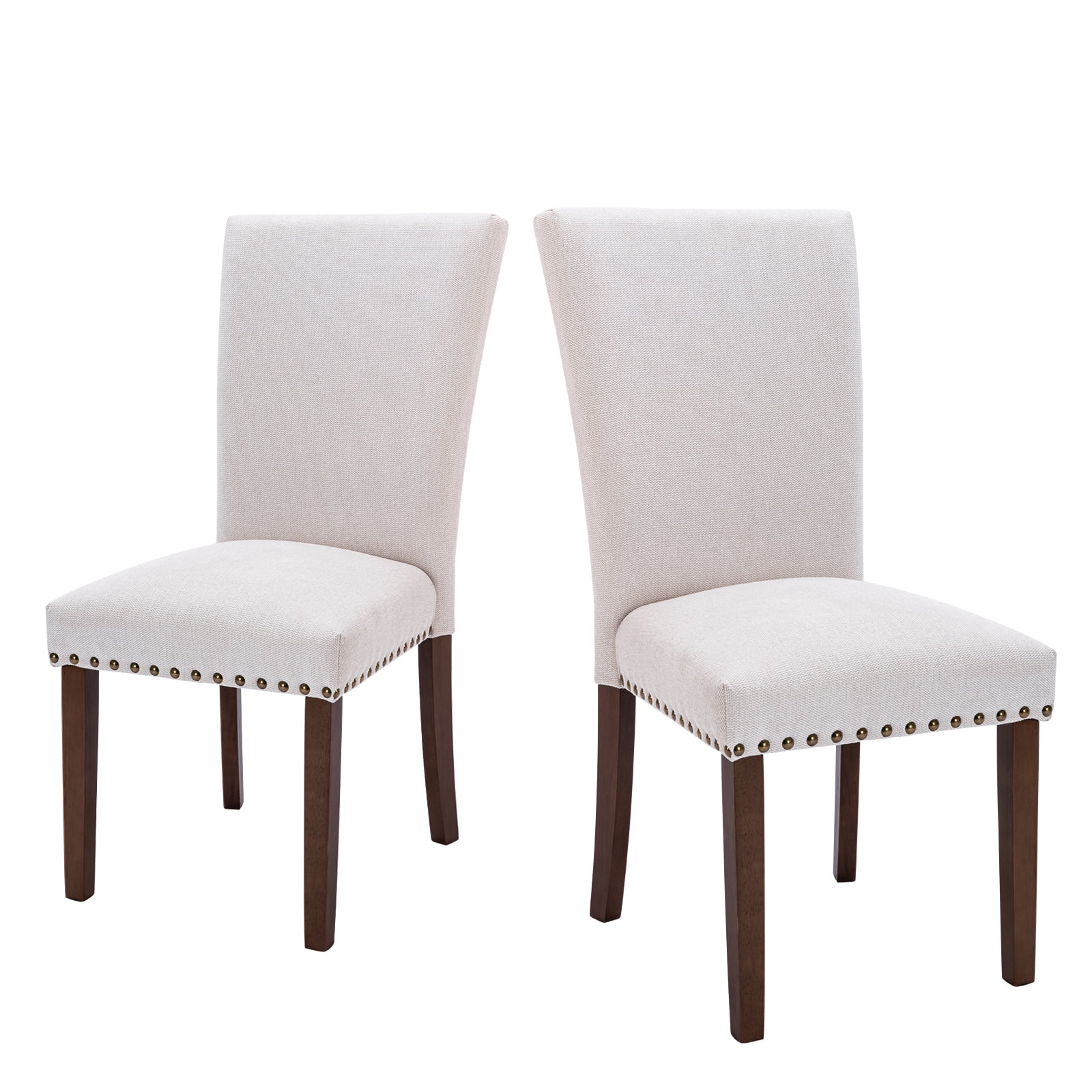 Colamy Beige Upholstered Wood Legs Parsons Dining Chairs with Nail head Trim Set of 2 for Dining ...