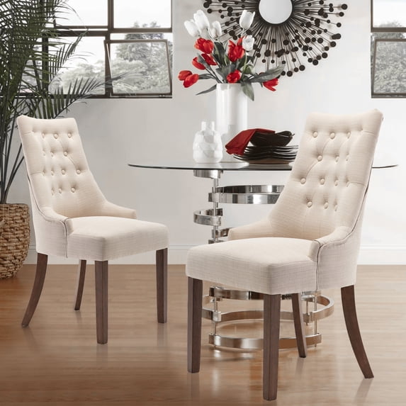 Colamy Button-Tufted Upholstered Fabric Dining Chairs with Wood Legs for Living Room, Kitchen set of 2, Beige