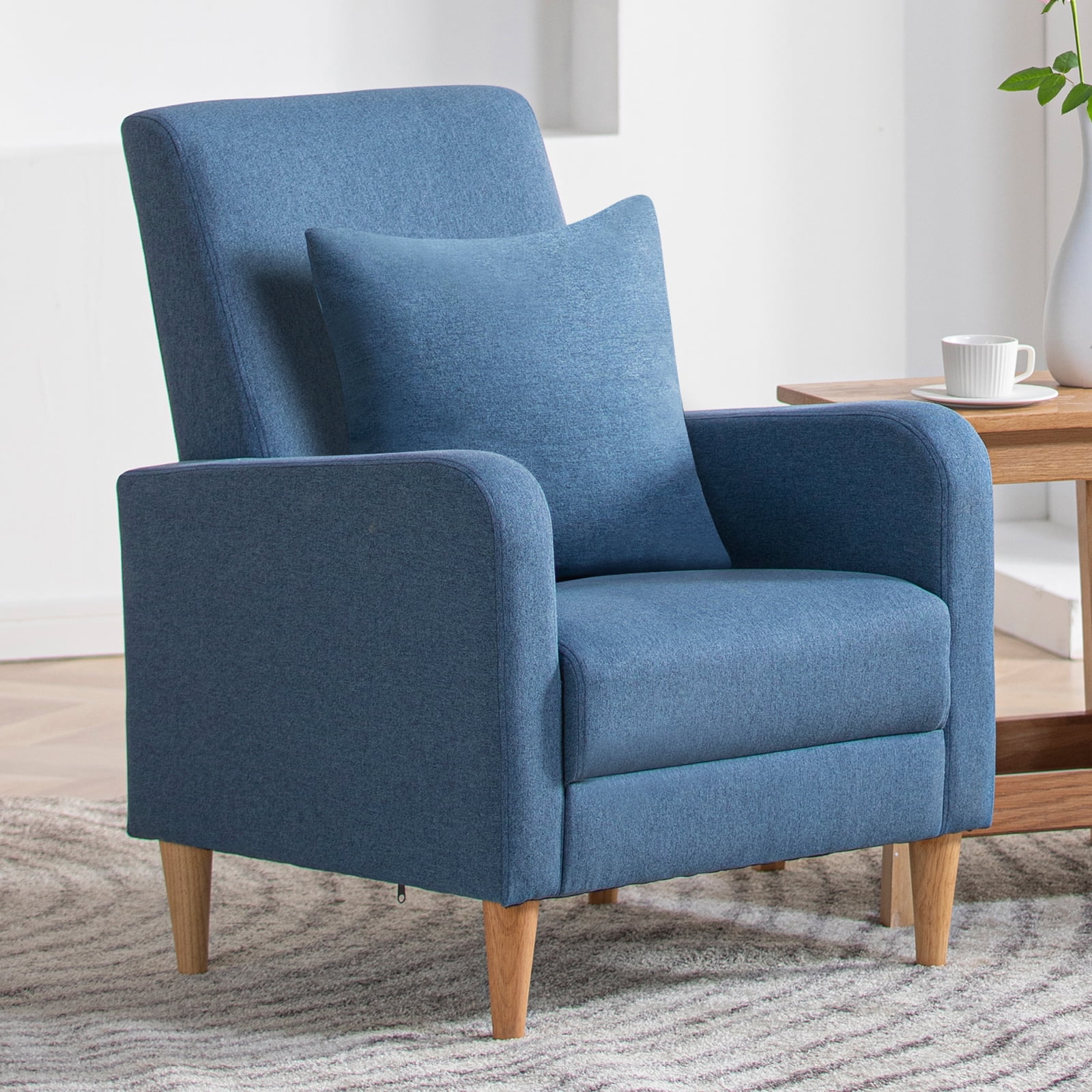 Blue Upholstered Accent Chair with Wooden Legs and Pillow