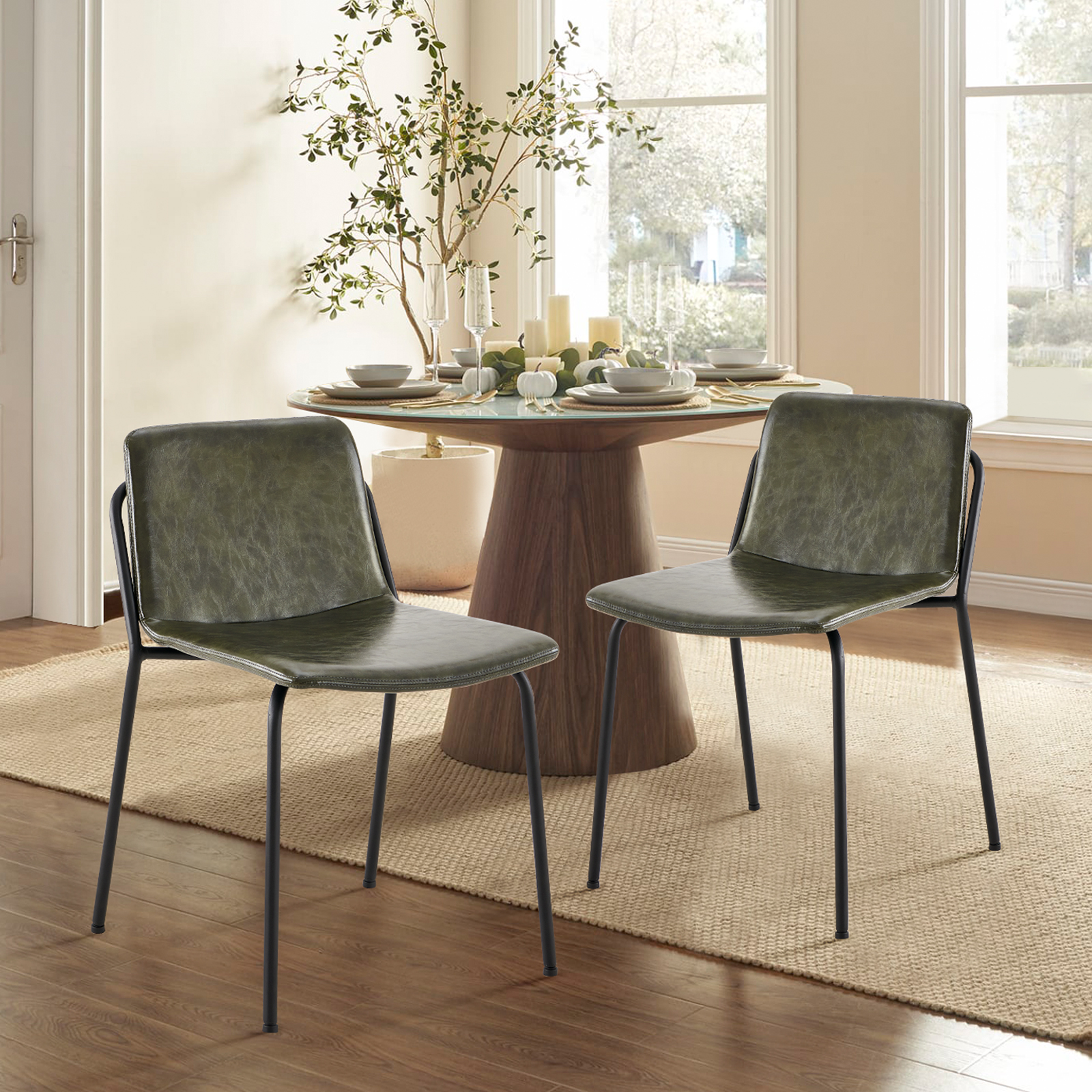Colamy Green Leather Set of 2 Mid Back Modern Upholstered Dining Side