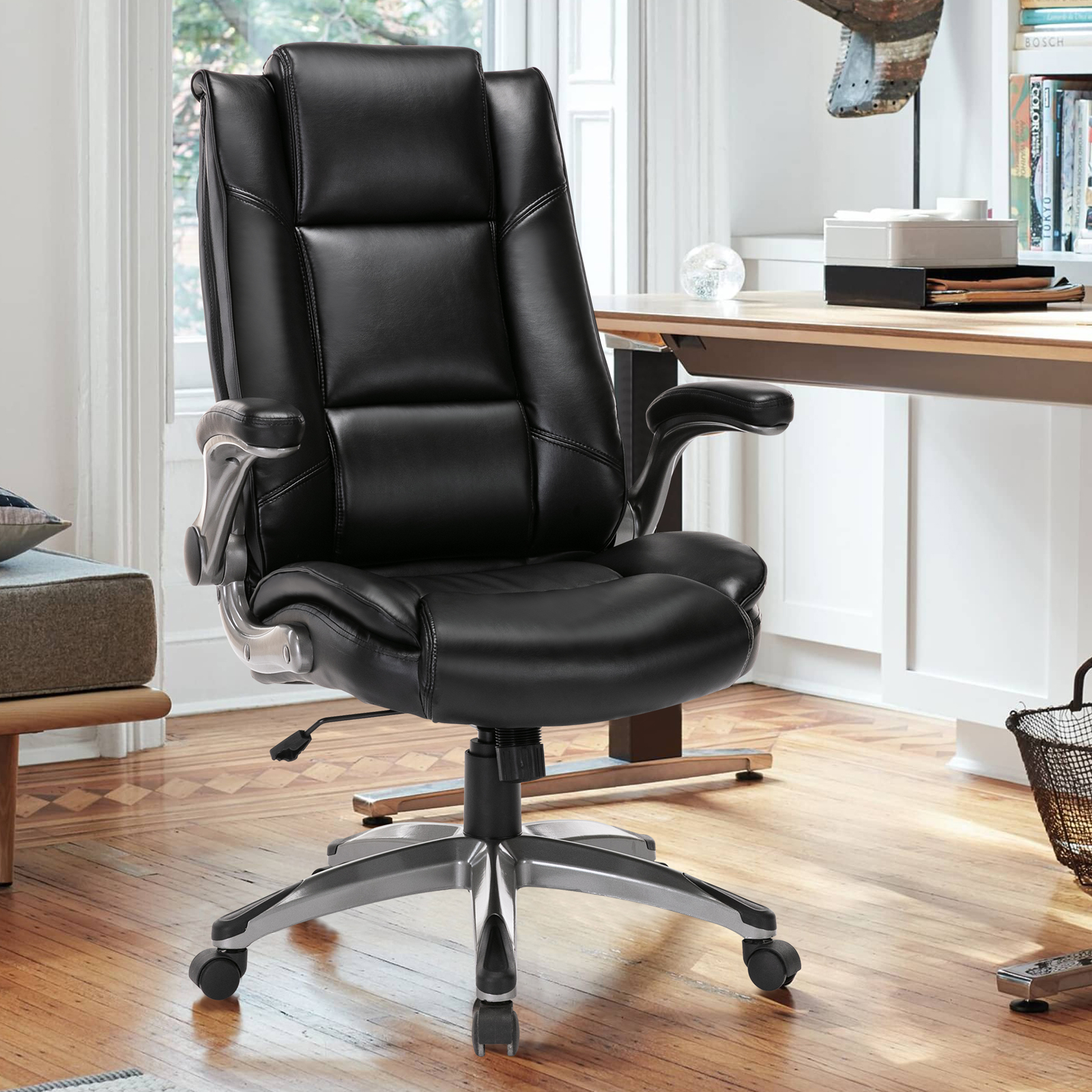 Colamy High Back Upholstered Black Leather Swivel Executive Office Chair  with Flip-up Arms for Adult