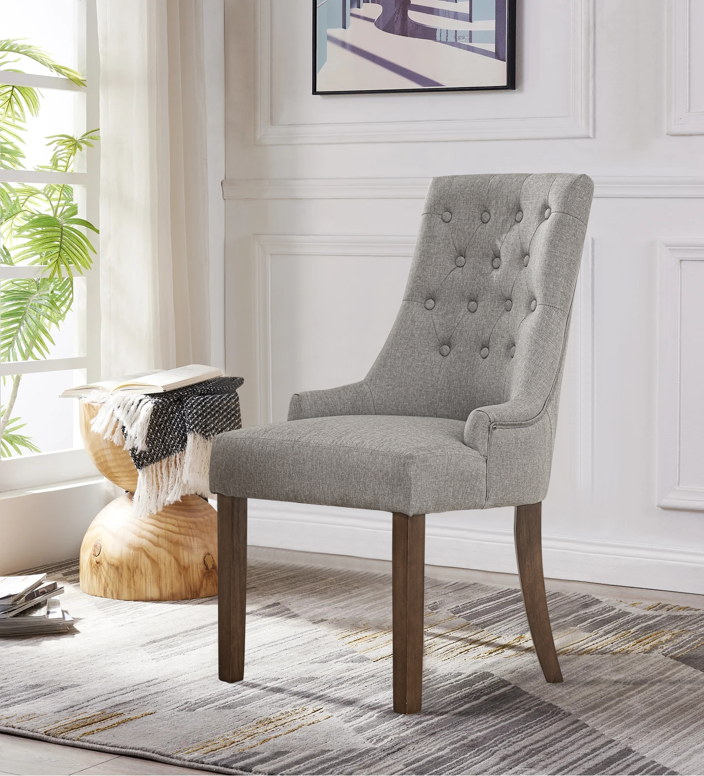 Set of 2 Aleeya Grey Fabric Dining Chair with Tufted Buttons and Nail ...