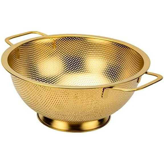 Colander, 3 Quart Stainless Steel Pasta Rice Food Metal Strainer with Handles and Self-draining Base for Kitchen, Gold