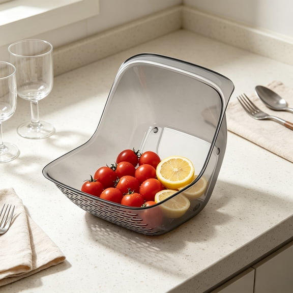 Colander Basket,Clear Sloped Base Plastic Fruit Vegetable Draining Container with Flat Stable Rim,Multi Purpose Sink Side Rinsing Strainer for Daily Food Prep(Gray)