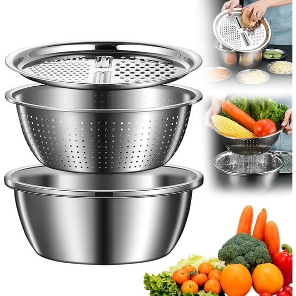 Colander With Mixing Bowl Set, 3-1 Stainless Steel Colander Strainers Bowl With Graters For Kitchen, Drain Basket Potato Cutter Strainer Bowl Set For Rinsing Fruits Vegetables/Draining Pasta