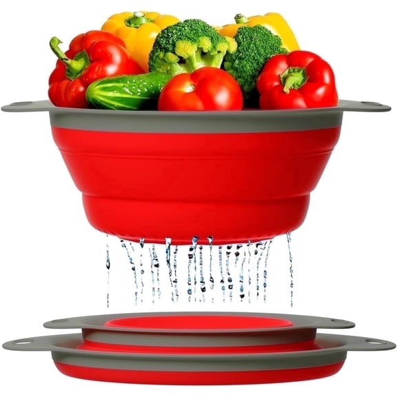Comfify Collapsible Silicone Kitchen Strainer Set, Set of 2 Colanders, Red