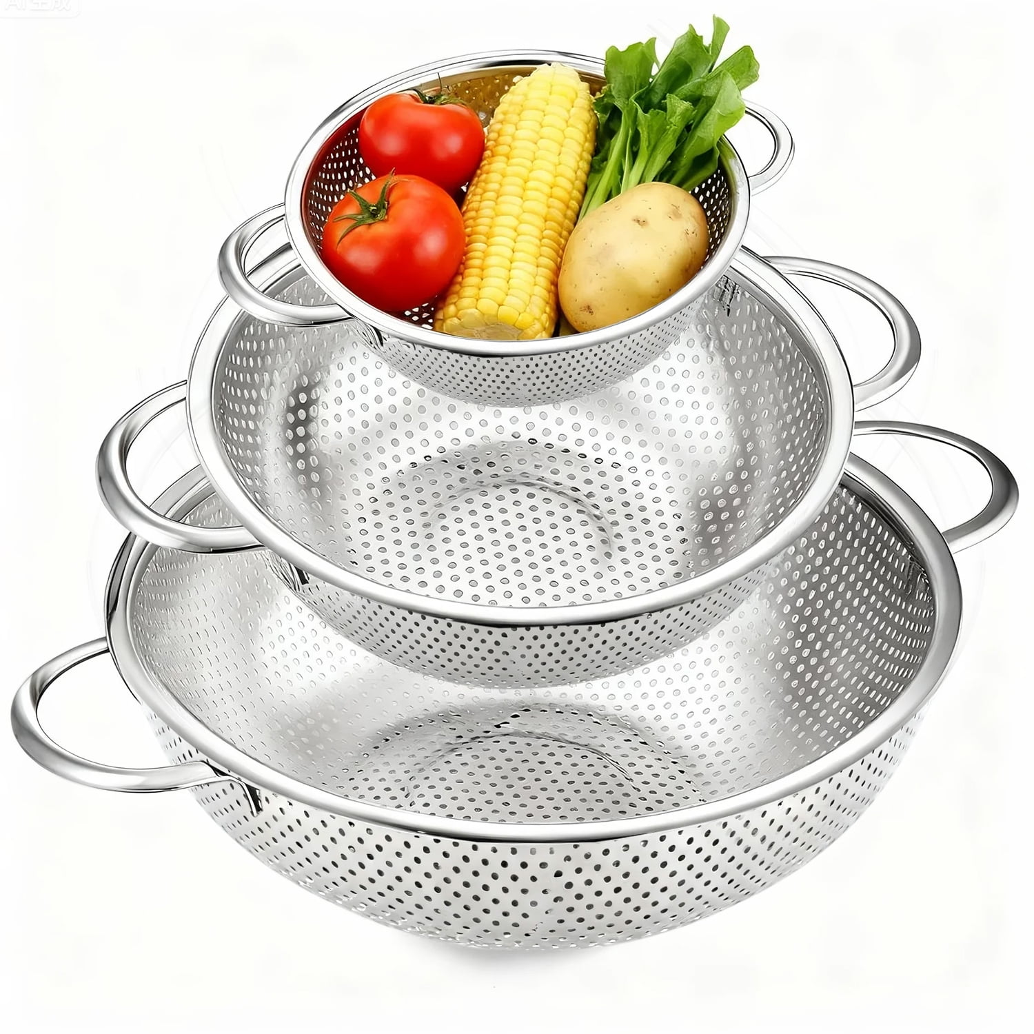 Colander Set of 3, AOKIWO Stainless Steel Micro-Perforated Colanders Strainers for Draining Rinsing Washing, Ideal for Pasta Vegetables Fruits, Heavy Duty & Dishwasher Safe - 1/3/5 Quart