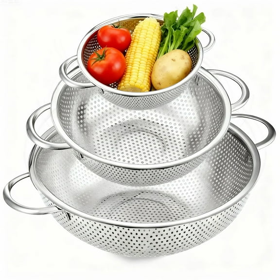 Colander Set of 3, AOKIWO Stainless Steel Micro-Perforated Colanders Strainers for Draining Rinsing Washing, Ideal for Pasta Vegetables Fruits, Heavy Duty & Dishwasher Safe - 1/3/5 Quart