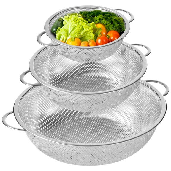 Colander Set of 3, Stainless Steel Micro-Perforated Colanders Strainers for Draining Rinsing Washing, Ideal for Pasta Vegetables Fruits, Heavy Duty & Dishwasher Safe - 1/3/5 Quart