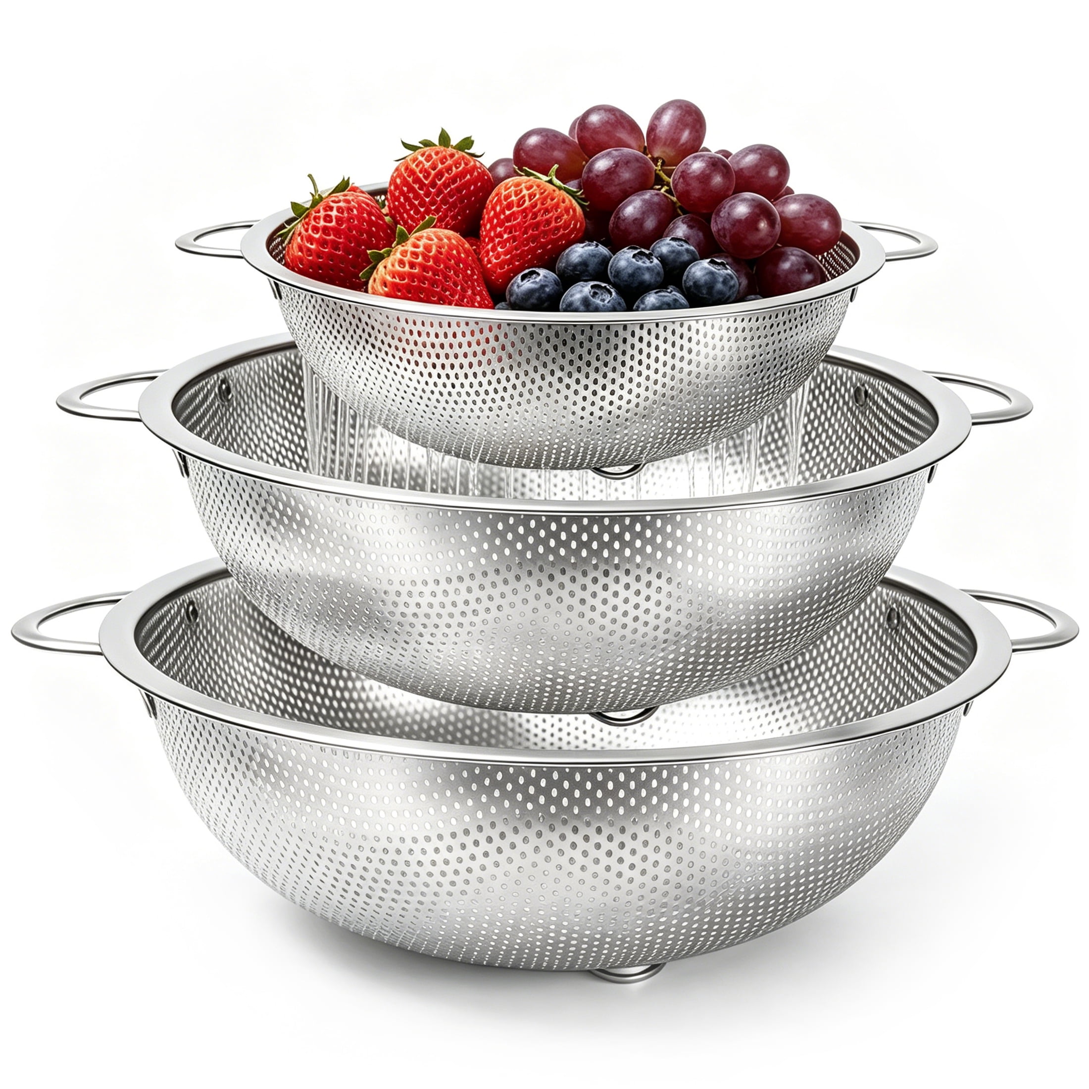 GARITIN Colander Set 3 Pack, Stainless Steel Strainer Bowl, Micro Perforated Strainer Bowl, Kitchen Food Drainer for Pasta Fruit Vegetable Draining