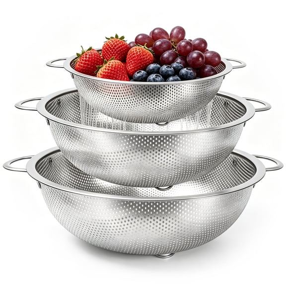 GARITIN Colander Set 3 Pack, Stainless Steel Strainer Bowl, Micro Perforated Strainer Bowl, Kitchen Food Drainer for Pasta Fruit Vegetable Draining