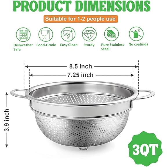 Colander Strainer Stainless Steel 3 Quart, Metal Micro-Perforated Colander for Kitchen Food, Ideal for Rinsing Washing Draining, Dishwasher Safe, Shiny Silver