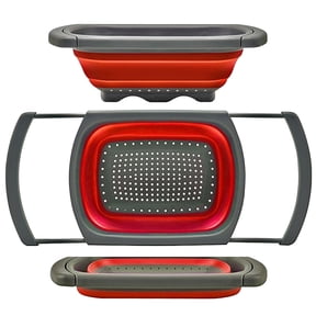 Colander collapsible, Colander Strainer Over The Sink Vegetable Fruit Strainer Basket (6 Quart) with Extendable Handles, New Kitchen Essentials - Red