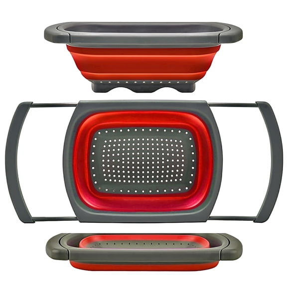 Colander collapsible, Colander Strainer Over The Sink Vegetable Fruit Strainer Basket (6 Quart) with Extendable Handles, New Kitchen Essentials - Red