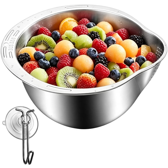 Colander for Rice, Stainless Steel Kitchen Strainer with Slanted Shape, Includes Suction Hook, For Rinsing Produce, Dishwasher Safe