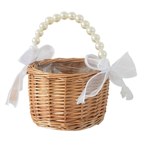 Colanlan Easter Mini Bamboo Flower Basket, Wicker Rattan Flower Girl Basket Pearl Handle Flower Basket Flower Girl Basket for Wedding and Home Decorations
