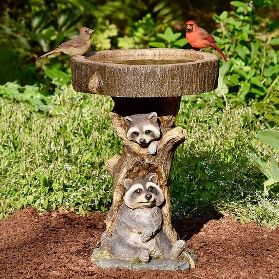 Colaxi Garden Bird Bath Bowl Raccoon Statue Figurine Feeding Station Landscape Lawn Resin Feeder Animal Sculpture for Courtyard Deck
