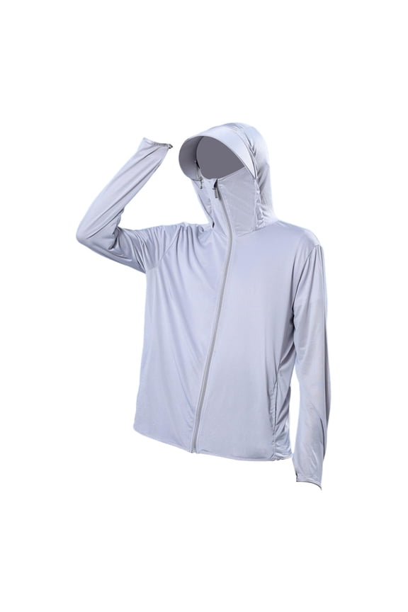 Men's Hooded Sun Protection Shirt Full Zip Cooling Shirt Jacket with Neck Face Cover Summer Hoodie for Climbing Hiking Cycling XL Light Gray