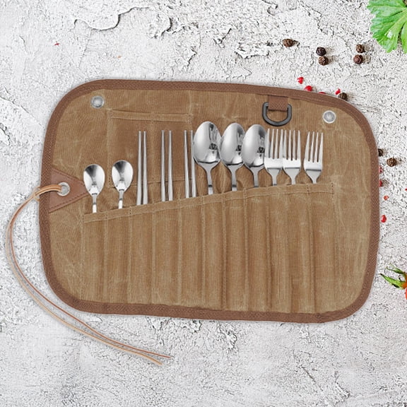 Colaxi Outdoor Tableware Storage Bag Camping Utensil Bag Carrying Durable Canvas Pouch Flatware Organizers Cutlery Roll for Park BBQ 11 hole