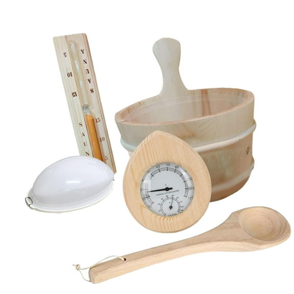 Colaxi Sauna Accessories Set Sauna Wooden Bucket and Ladle Kit Sand Timer Lamp Temperature and Humidity Meter for Shower SPA Bathing