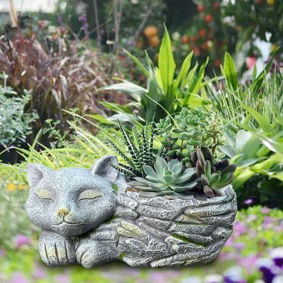Colaxi Sleeping Cat Statue Flowerpot Plant Pot Outdoor Ornament Desk Artwork Decorative 7.8x3inch Garden Decoration for Dining Table Right