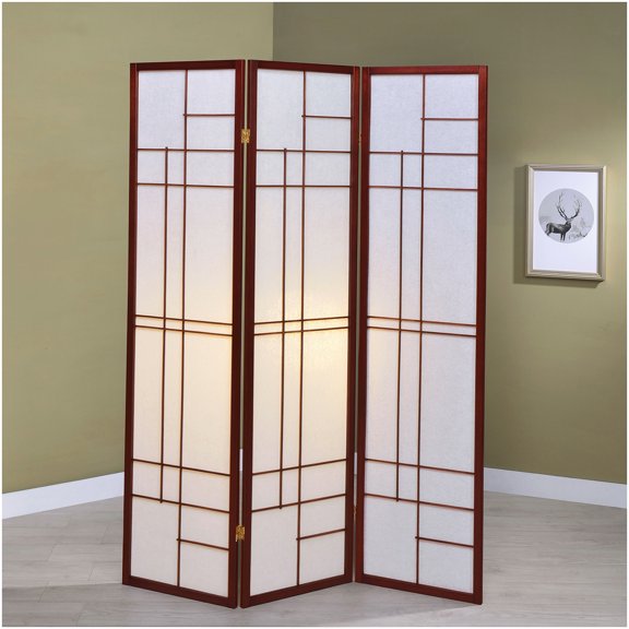 Colby 3-Panel Folding Floor Screen White and Brown Red Wood Fabric Room Divider for Living Space