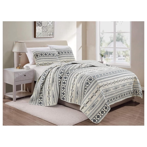 Colby 3-Piece Western Quilt Set - Geometric Tribal Ivory Navy Brown Red Printed Pre-Washed Reversible Microfiber Bedspread Set, King Size