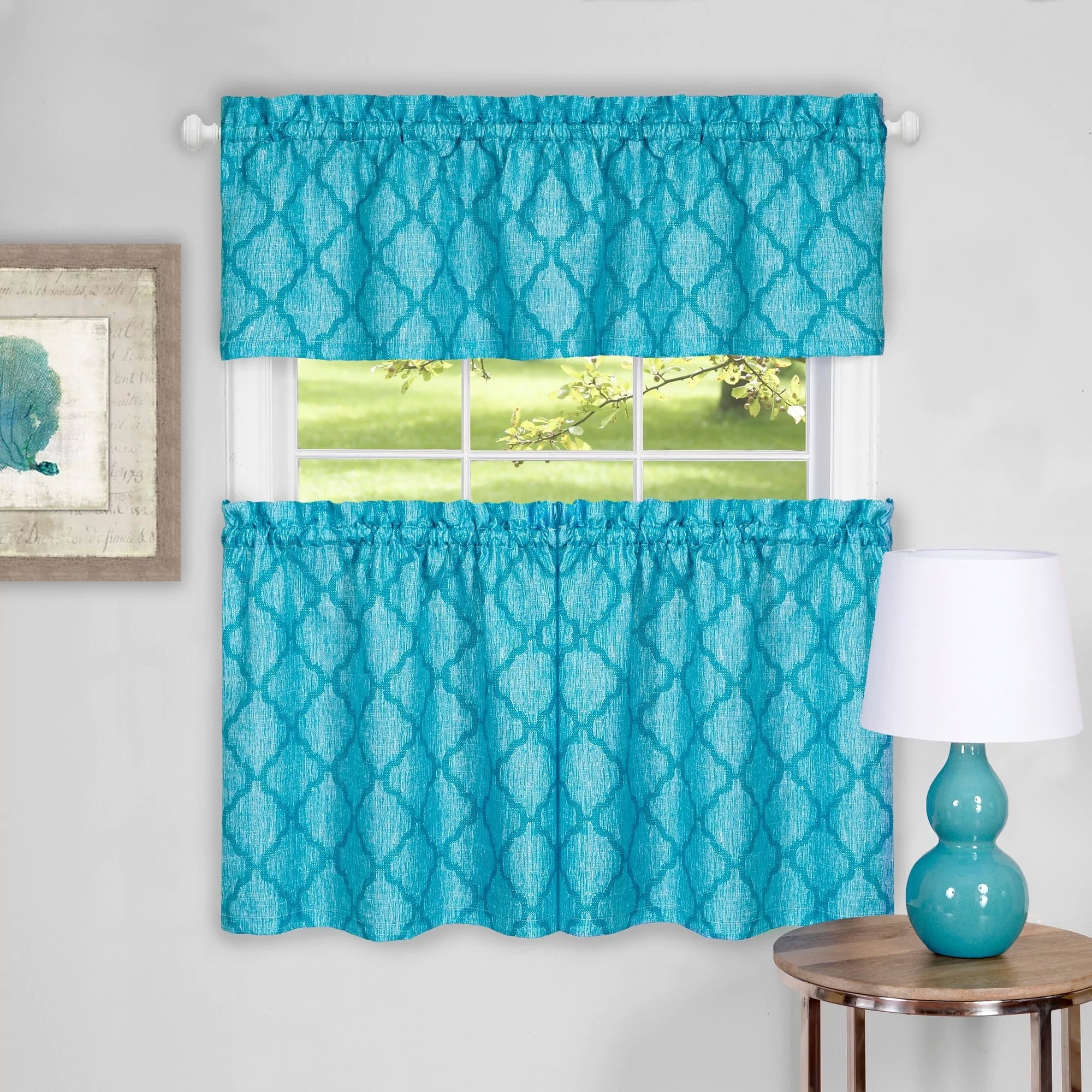 Colby Turquoise Polyester Trellis Kitchen Curtain Set