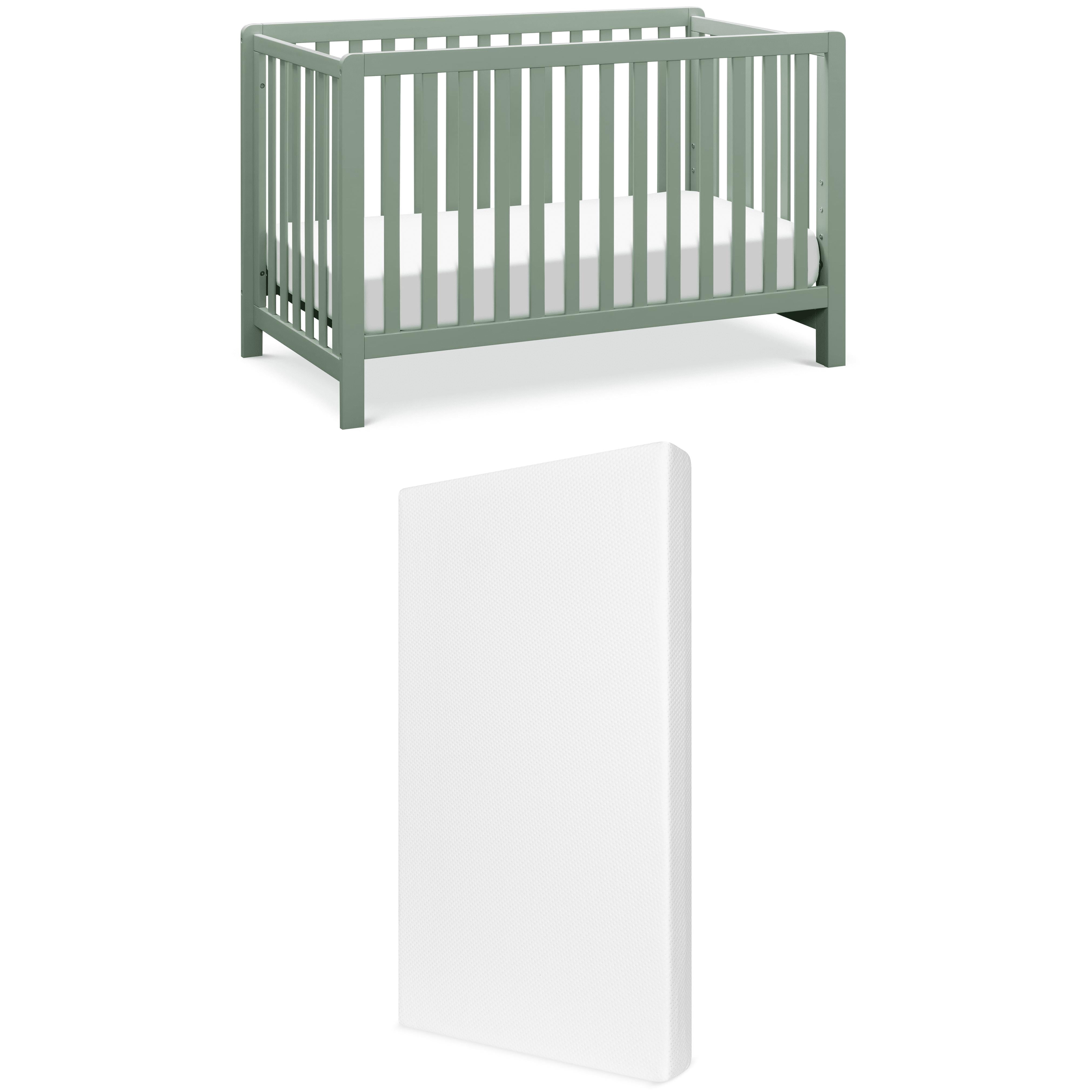 Colby 4-in-1 Low-profile Convertible Crib in light sage + Comfort Crib and Toddler Mattress