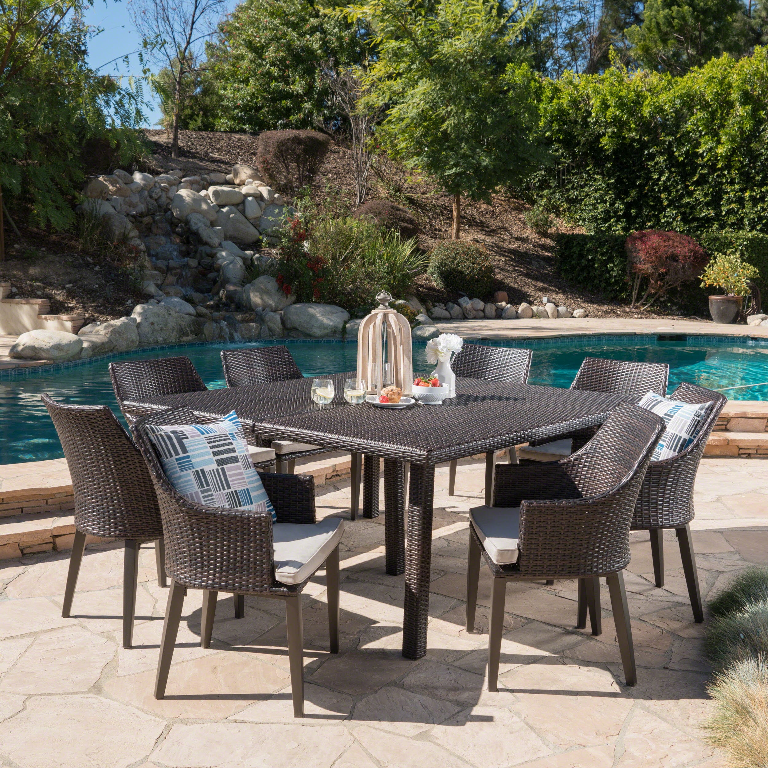 Colby Outdoor 9 Piece Wicker Dining Set with Water Resistant Cushions Multibrown Light Brown
