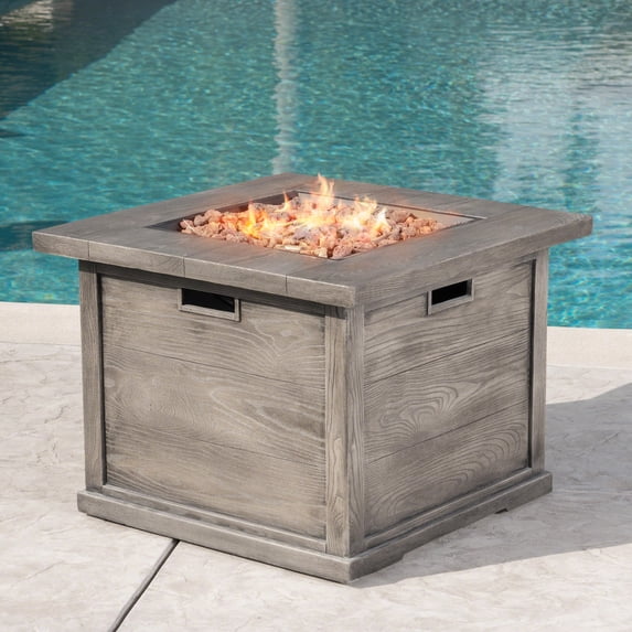 Colby Outdoor Wood Patterned Square Gas Fire Pit, Grey