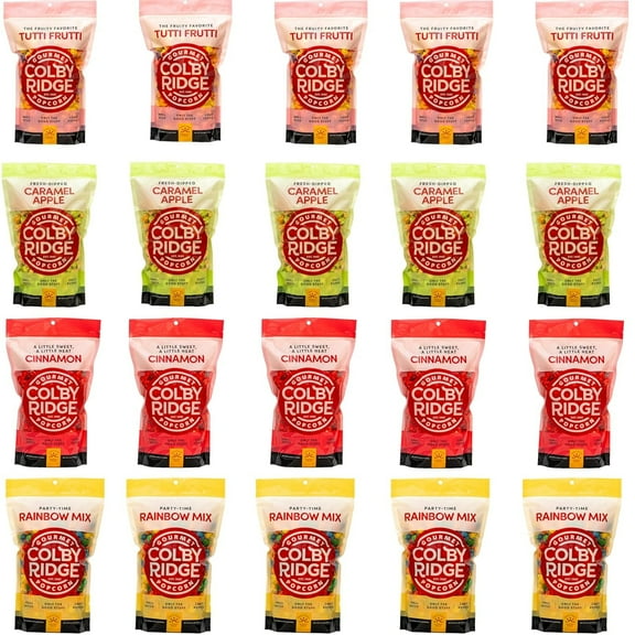 Colby Ridge 20-Pack (1/2 Gal. 8 Cups Each) 5 Cinnamon, 5 Caramel Apple, 5 Tutti Fruitti, 5 Rainbow Gourmet Craft Popped Gluten Free Popcorn Snack Sized