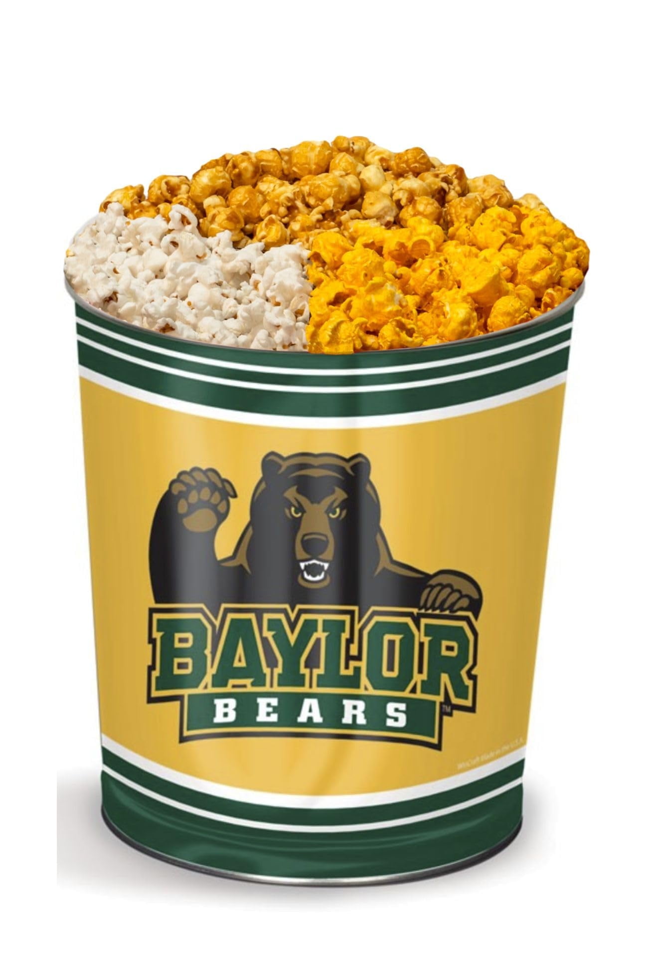Colby Ridge 3 Way Collegiate Popcorn Tin - White, Caramel, and Cheese Gourmet Craft Popped Gluten Free (3 Gallon - Baylor)
