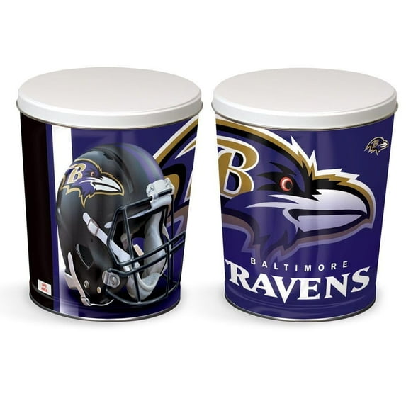 Colby Ridge 3 Way Football Popcorn Tin - White, Caramel, and Cheese Gourmet Craft Popped Gluten Free (2 Gallon - Ravens)