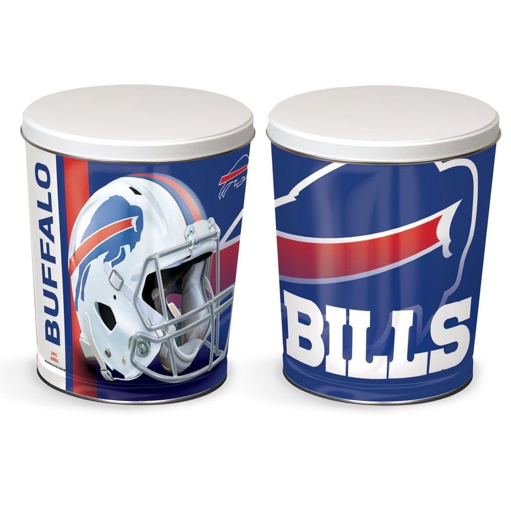 Colby Ridge 3 Way Football Popcorn Tin - White, Caramel, and Cheese Gourmet Craft Popped Gluten Free (3 Gallon - Bills)