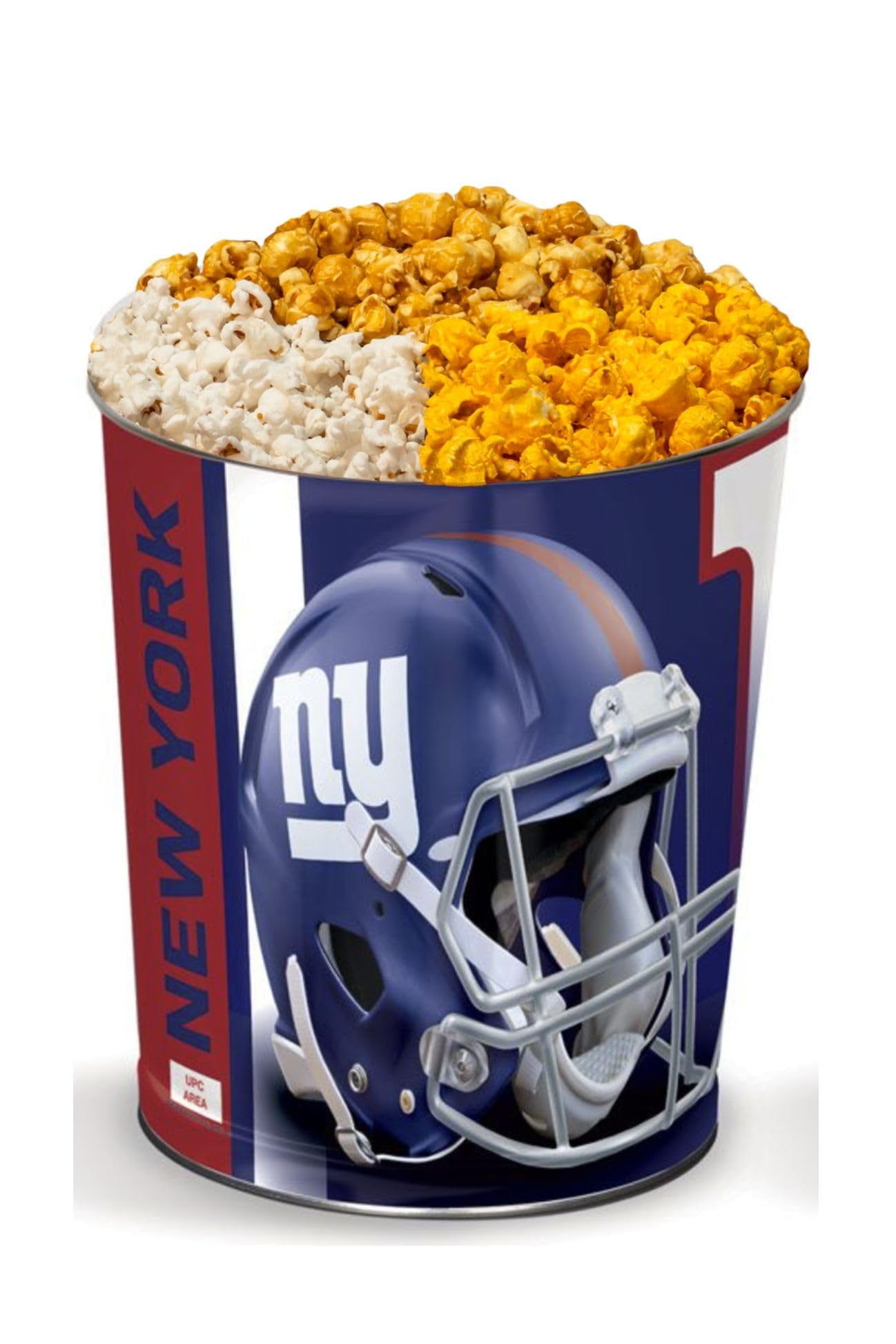 Colby Ridge 3 Way Football Popcorn Tin - White, Caramel, and Cheese Gourmet Craft Popped Gluten Free (3 Gallon - Giants)