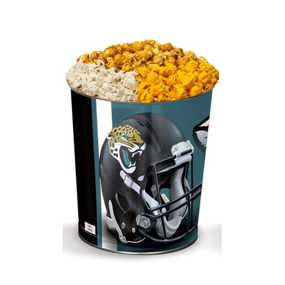 Colby Ridge 3 Way Football Popcorn Tin - White, Caramel, and Cheese Gourmet Craft Popped Gluten Free (3 Gallon - Jaguars)