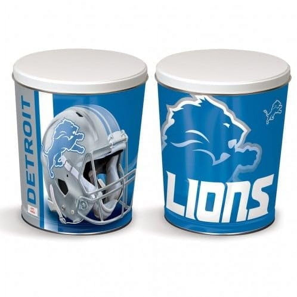 Colby Ridge 3 Way Football Popcorn Tin - White, Caramel, and Cheese Gourmet Craft Popped Gluten Free (3 Gallon - Lions)