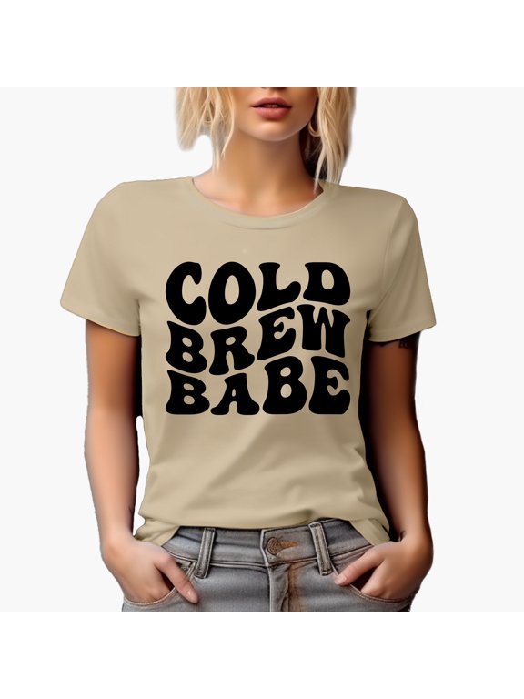 Cold Brew Babe, Coffee Lover or Enthusiast Themed, Groovy Retro Wavy Text Merch Gift, Tan T-Shirt, Medium