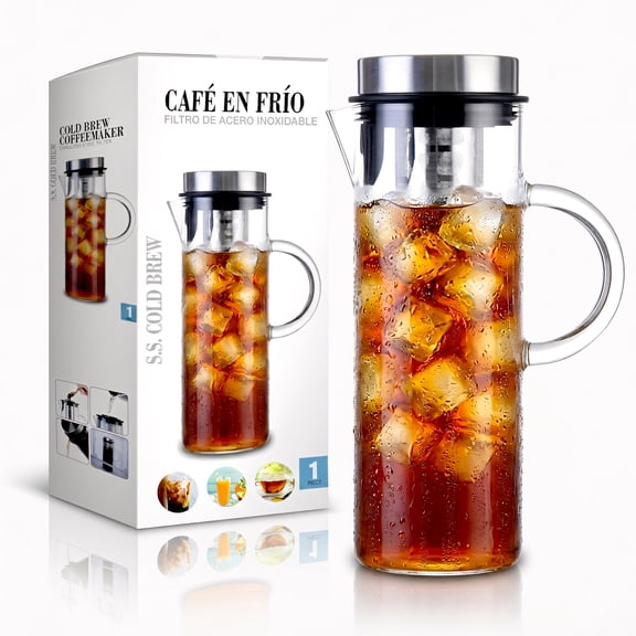 Cold Brew Coffee Brewer and Large Tea Maker Glass Kettle 44oz w/ Stainless Strainer