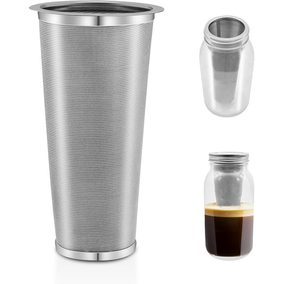 Cold Brew Coffee Filter for Wide Mouth Mason Jar, 304 Stainless Steel Filter Ultra Fine Mesh for Cold Brew, Iced Coffee and Iced Tea 1 Quart Wide Mouth Mason Jars