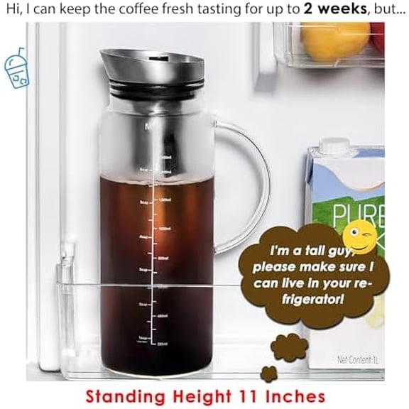 Cold Brew Coffee Iced Tea Maker & Fruit Pitcher - Large Capacity 51 Ounces - with Durable Glass Carafe/Fine Mesh Steel Infuser/Airtight Lid